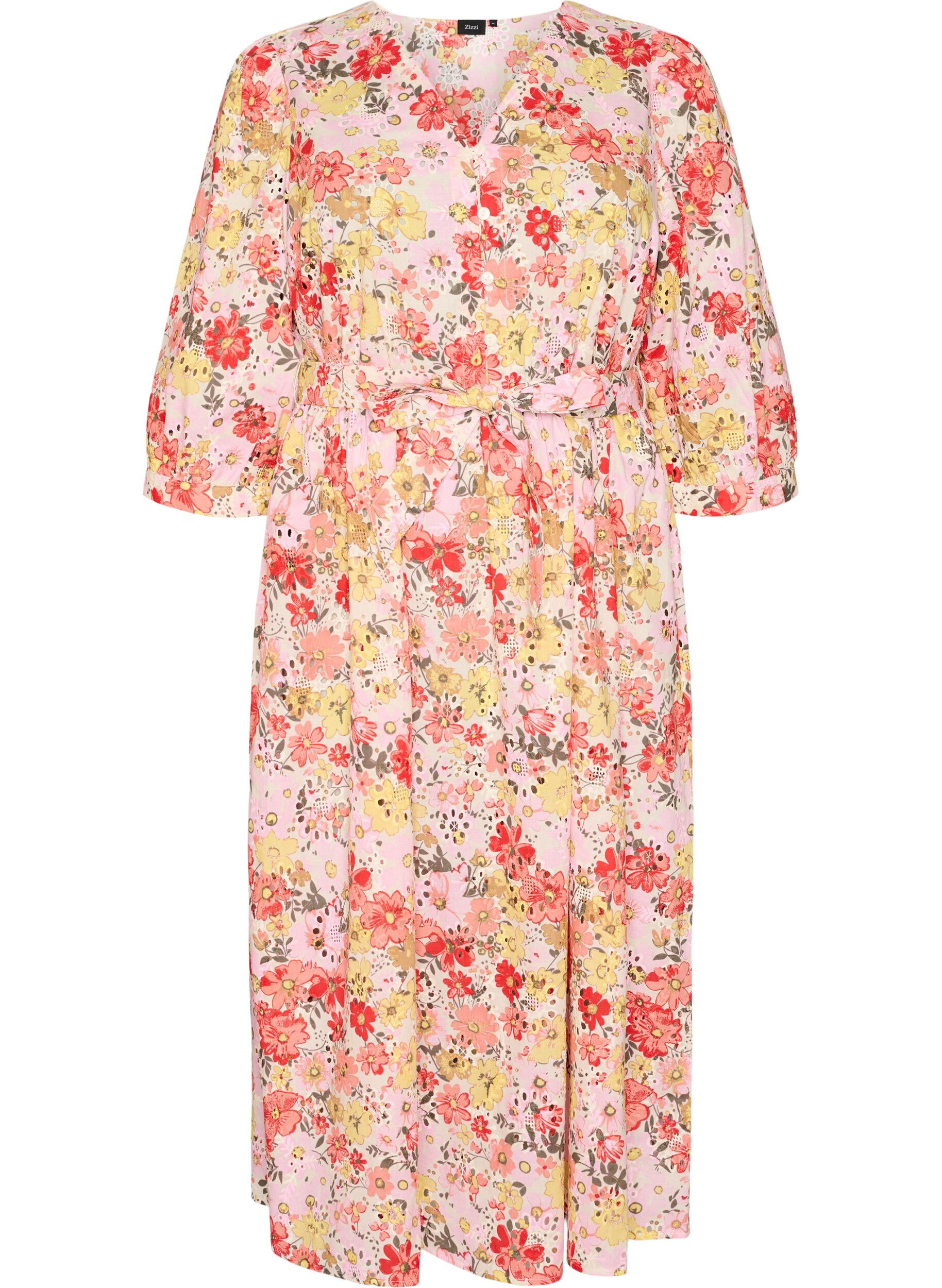 ZizzifashionFloral midi dress with broderie anglaise and a tie-belt, Rose, Packshot image number 0