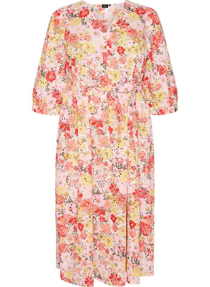 Floral midi dress with broderie anglaise and a tie-belt, Rose, Packshot image number 0