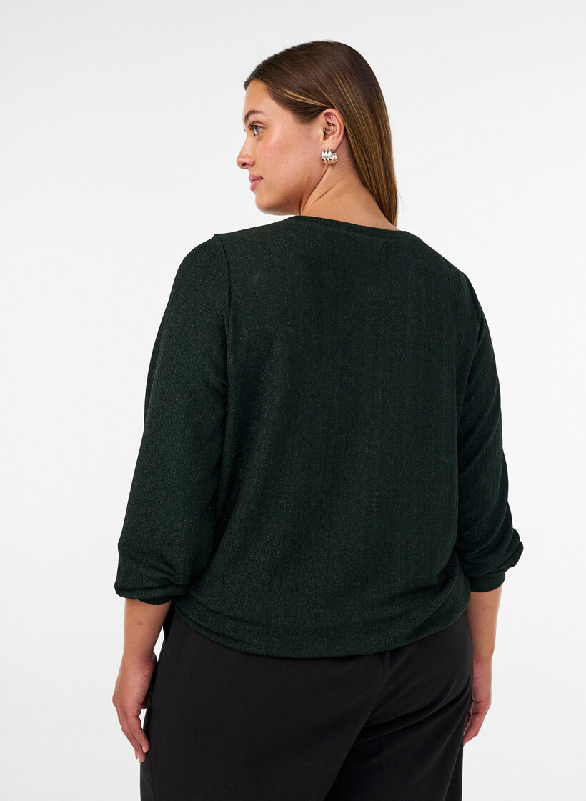 Blouse with vertical texture and glitter thread, Green, Model image number 2