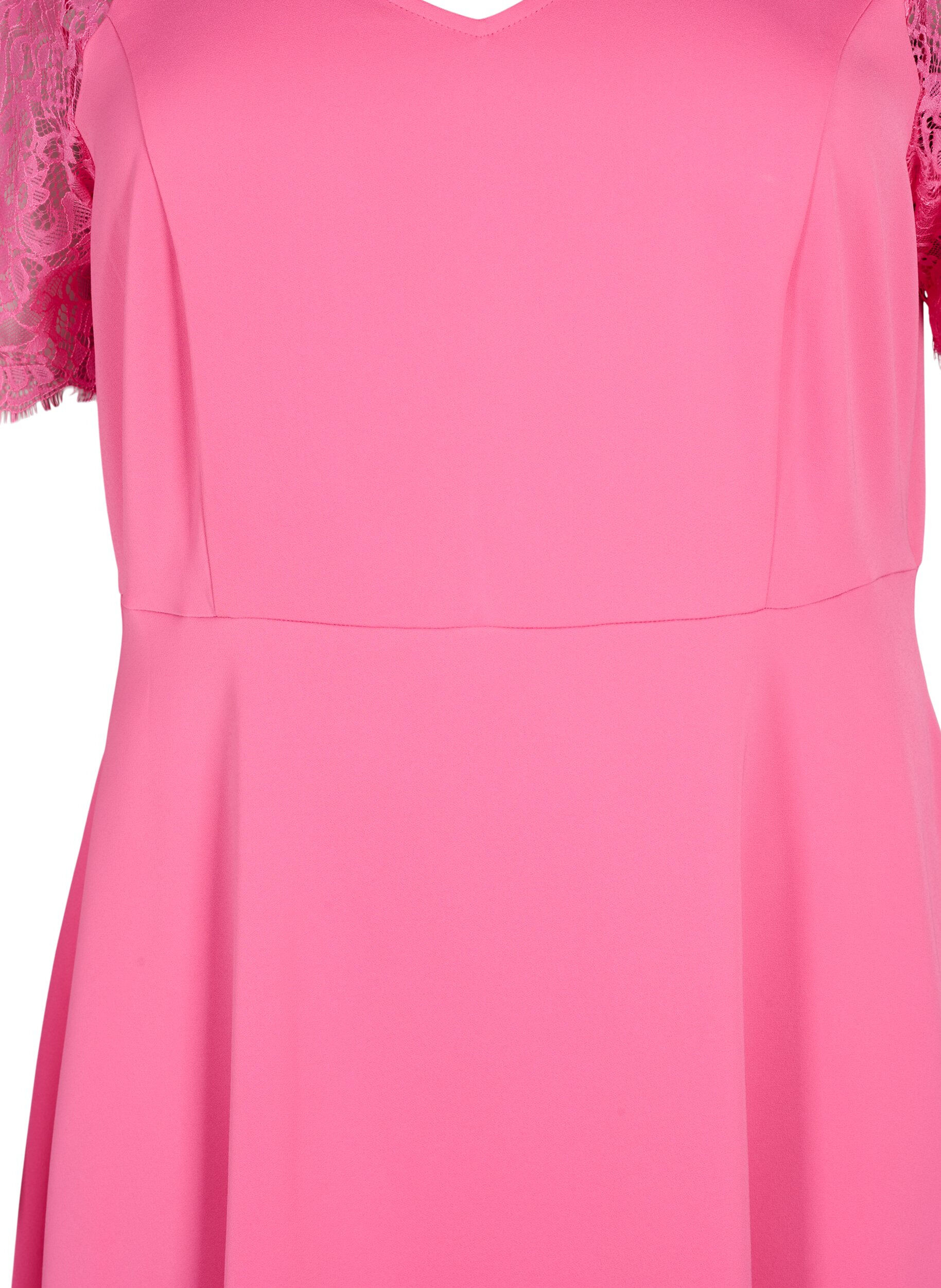 Zizzifashion Midi dress with short lace sleeves, Shocking Pink, Packshot image number 2