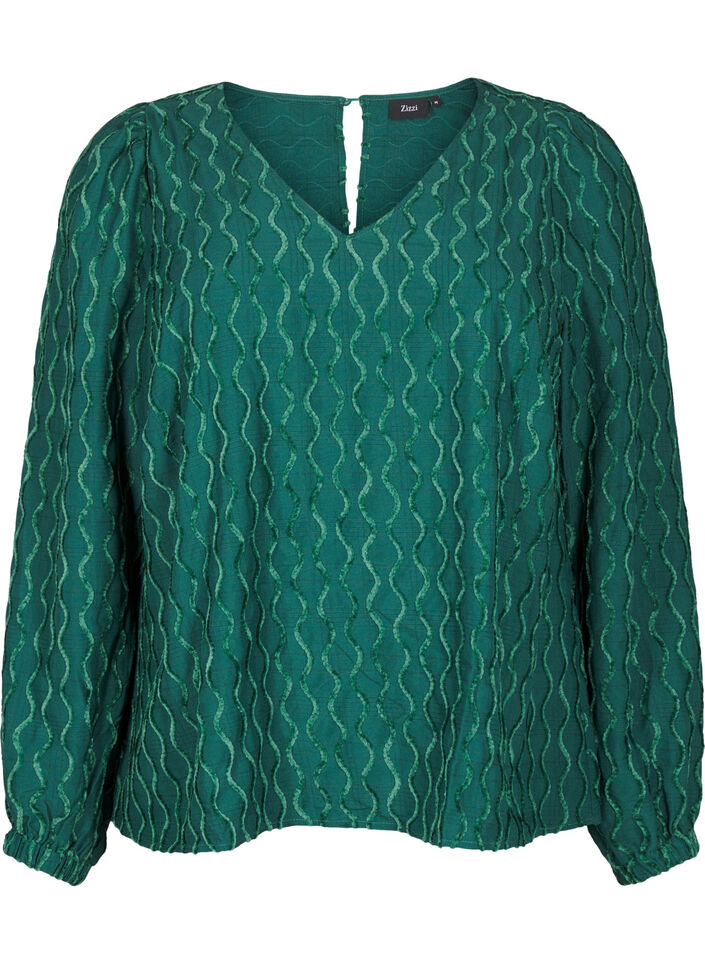 Long-sleeved patterned blouse with a V-neck, Rain Forest, Packshot image number 0