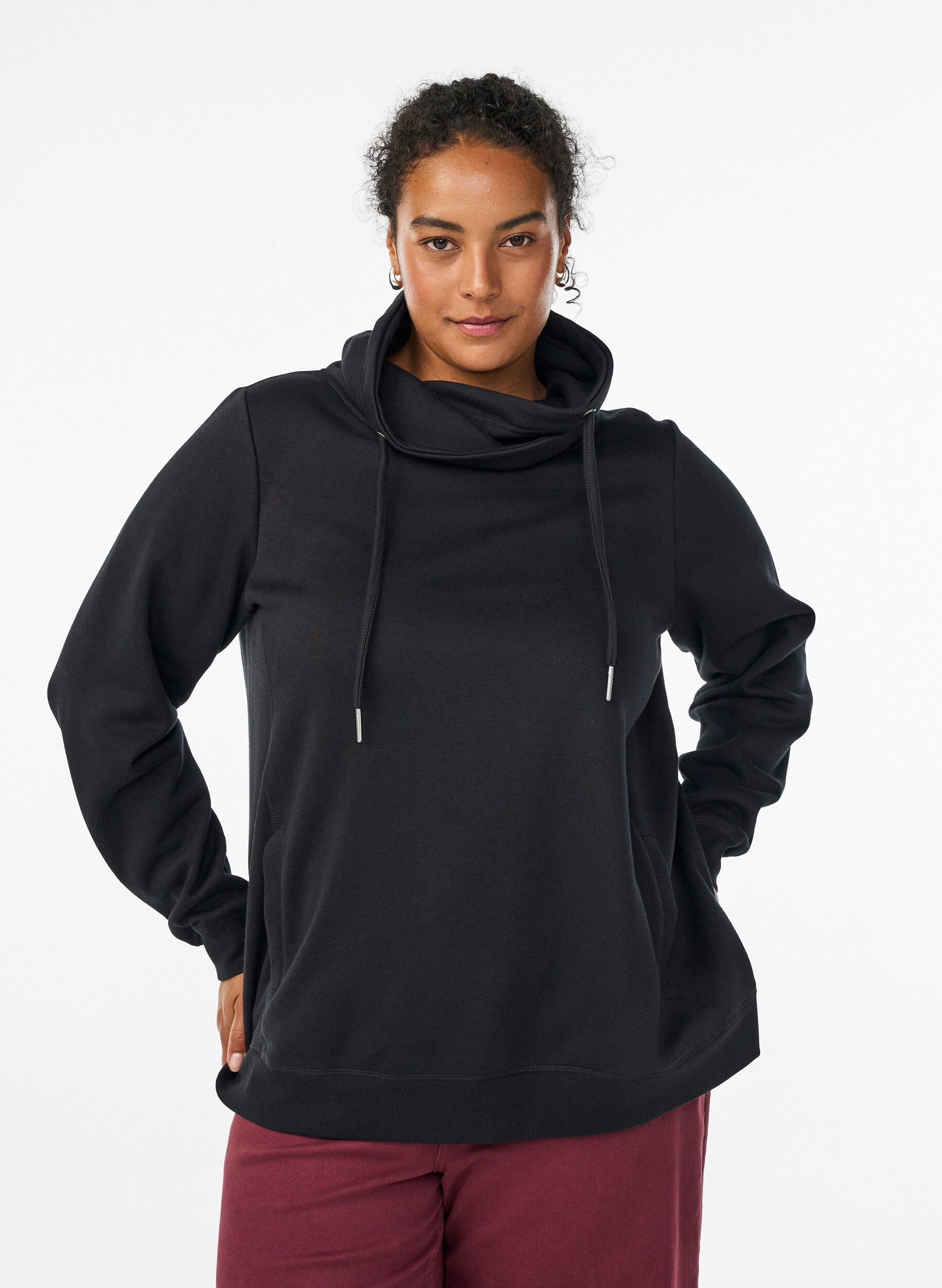 Sweatshirt with high collar and pockets, Black, Model