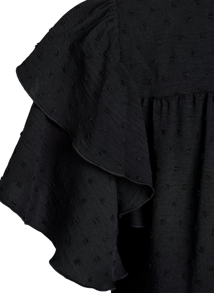 Short dress with ruffle sleeves and dotted texture, Black, Packshot image number 3