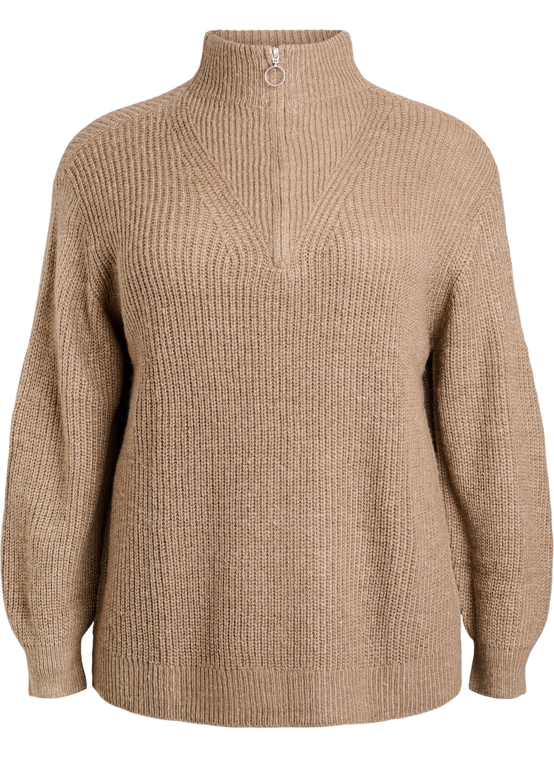 Zizzifashion FLASH - Knitted sweater with high neck and zipper, Brown, Packshot image number 0