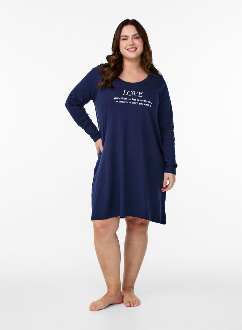 Long-sleeved nightgown in organic cotton, Blue, Model image number 1