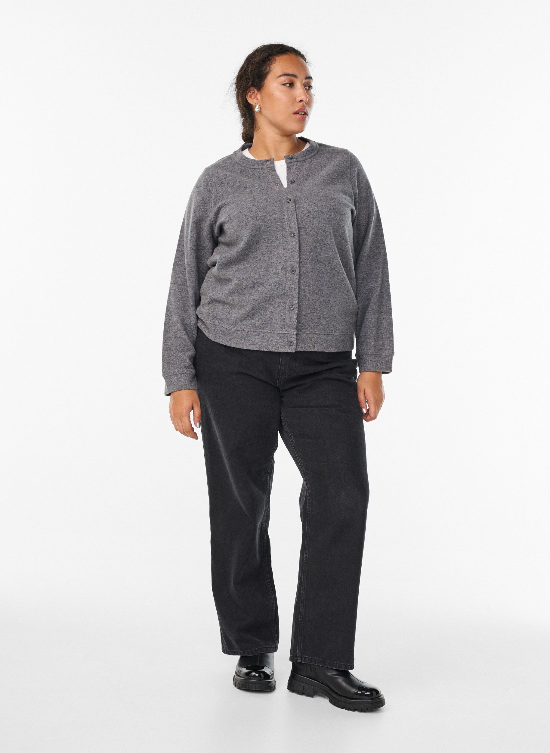 Zizzifashion Jersey cardigan with round neck and buttons, Dark Grey, Model image number 1