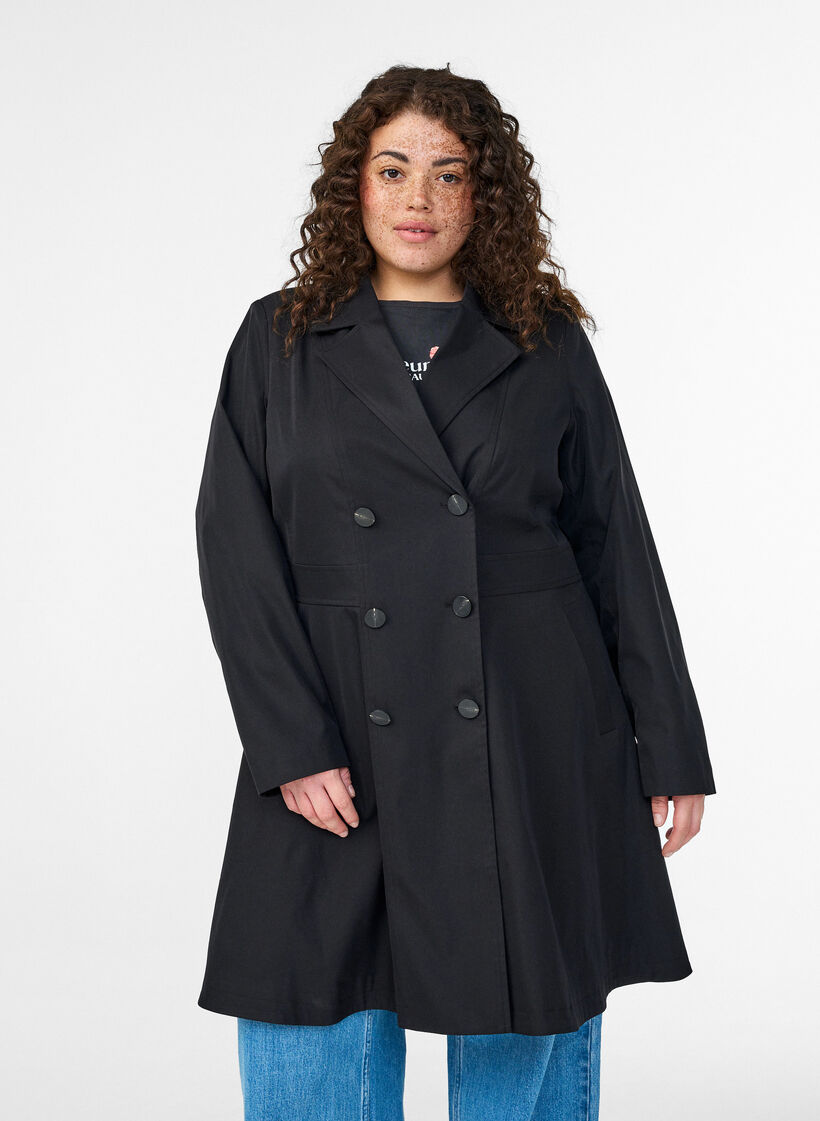 A-line spring coat with double-breasted fastening, Black, Model image number 0