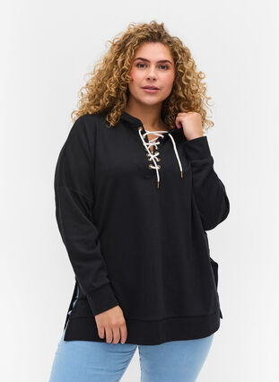 Sweatshirt with hood and contrasting string details, Black, Model image number 0