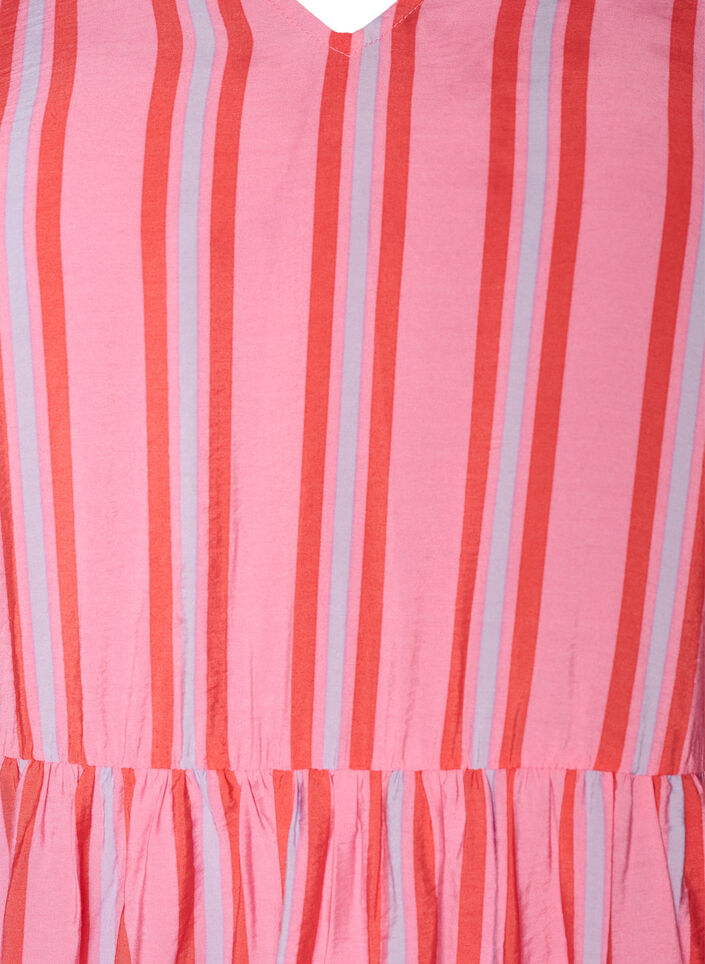 Striped midi dress with an empire cut and ruffles, Pink, Packshot image number 2