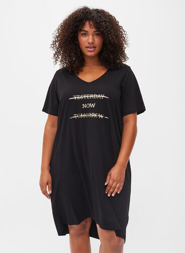 Cotton nightdress with print, Black w. Gold Foil, Model image number 0