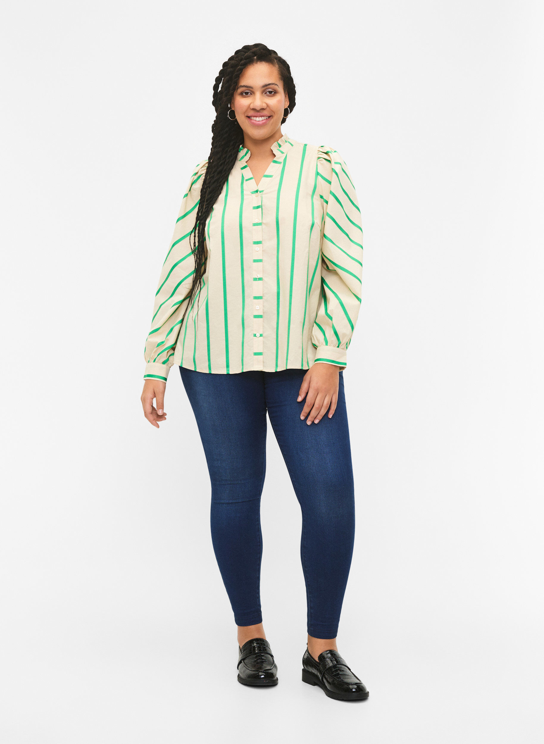 Zizzifashion Striped cotton shirt blouse with ruffle collar, Beige Green Stripe, Model image number 2