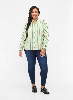 Striped cotton shirt blouse with ruffle collar, Beige Green Stripe, Model image number 2