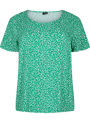 FLASH - Short sleeve viscose blouse with print, Bright Green Wh.AOP, Packshot image number 0