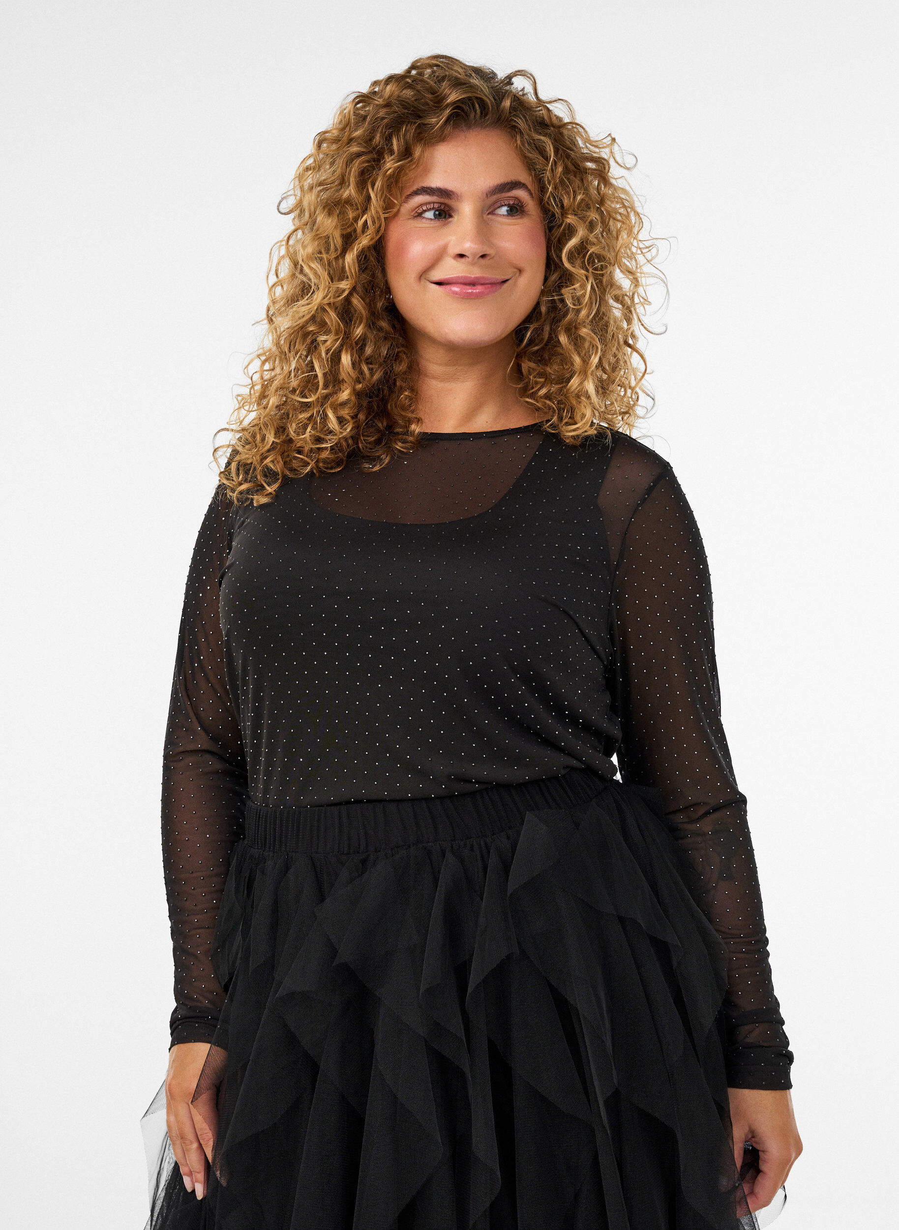 ZizzifashionSheer mesh blouse with rhinestones, Black, Model image number 0
