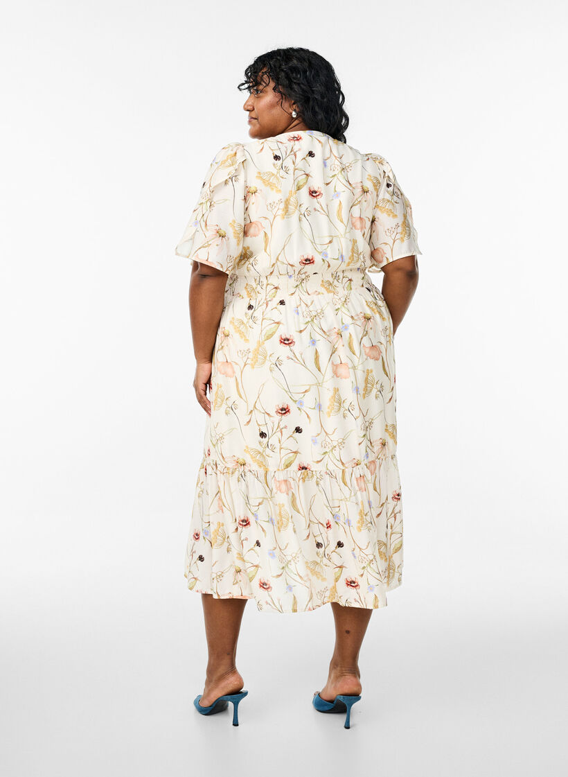 Floral midi dress with an A-line shape, Beige, Model image number 2