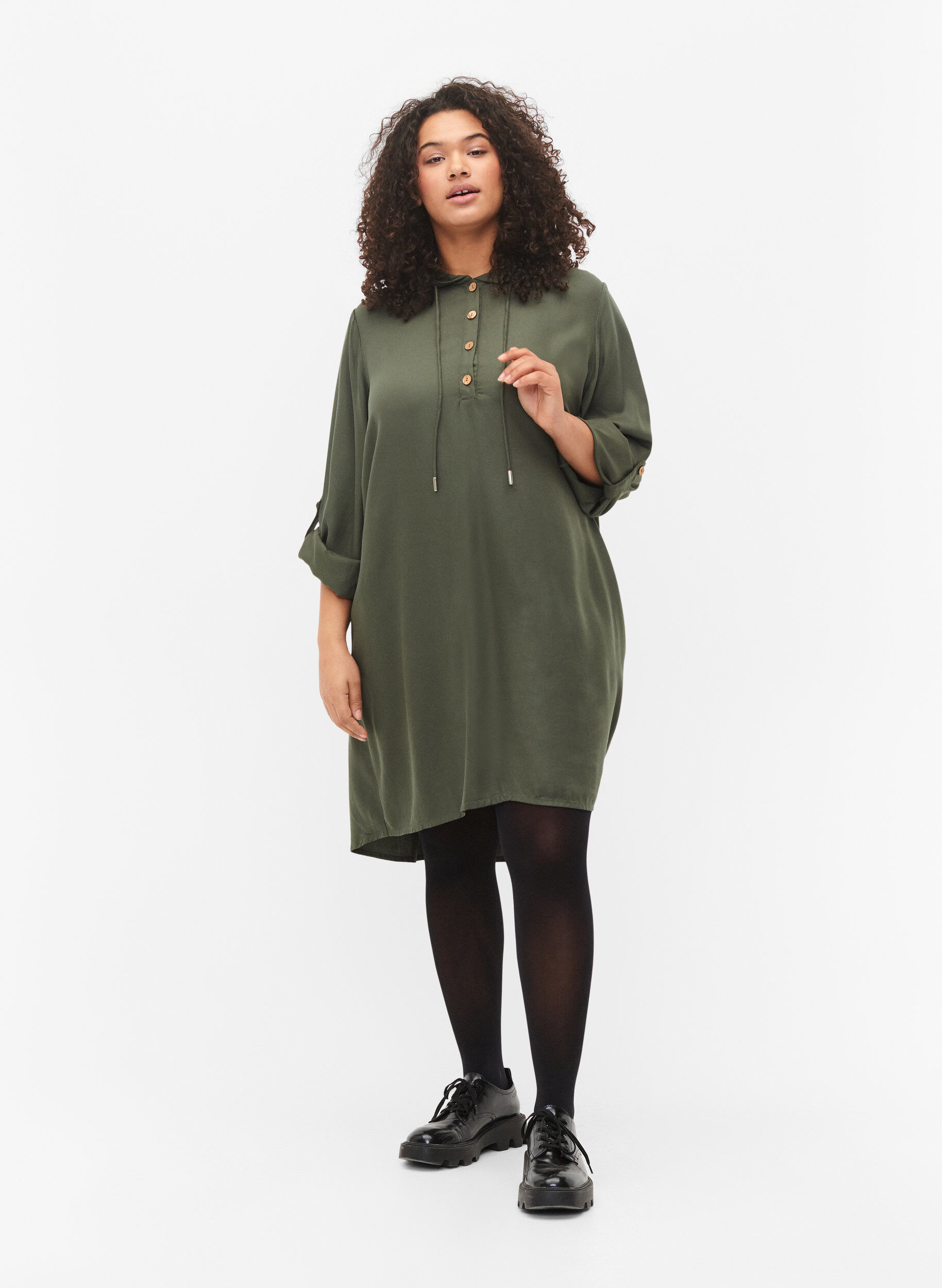 Zizzifashion Viscose tunic with hood, Thyme, Model image number 2