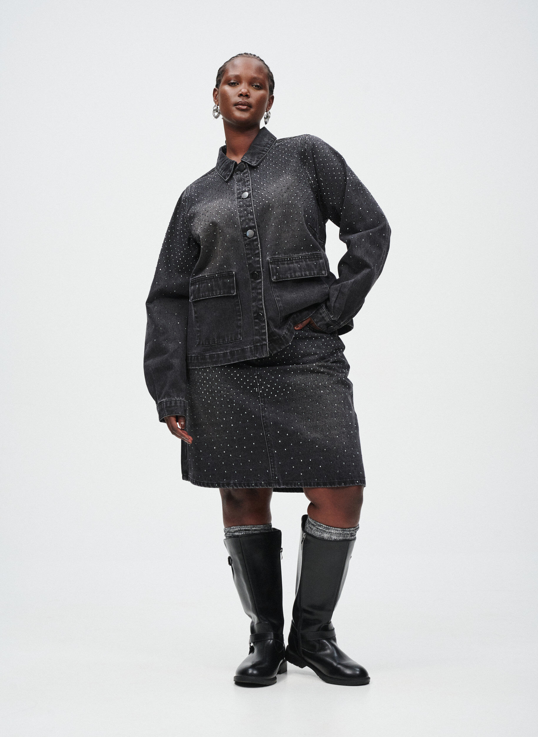 Zizzifashion Short denim skirt with rhinestones, Grey, Image image number 0