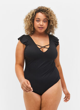 Swimsuit with ruffle sleeves, Black, Model image number 0