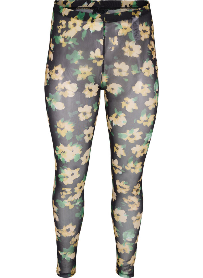 Mesh leggings with floral print, Yellow Green AOP, Packshot image number 0