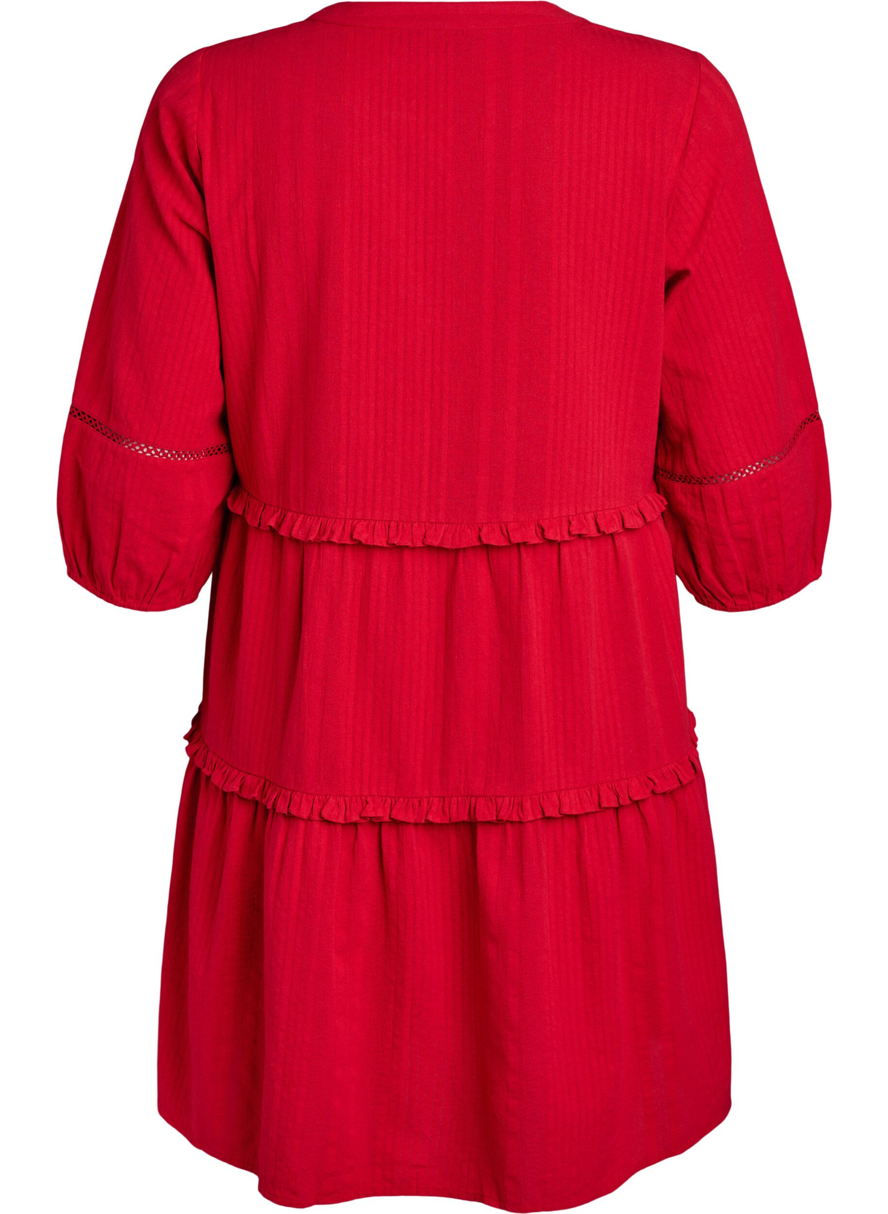 Zizzifashion 3/4 sleeve cotton dress with ruffles, Red, Packshot image number 1