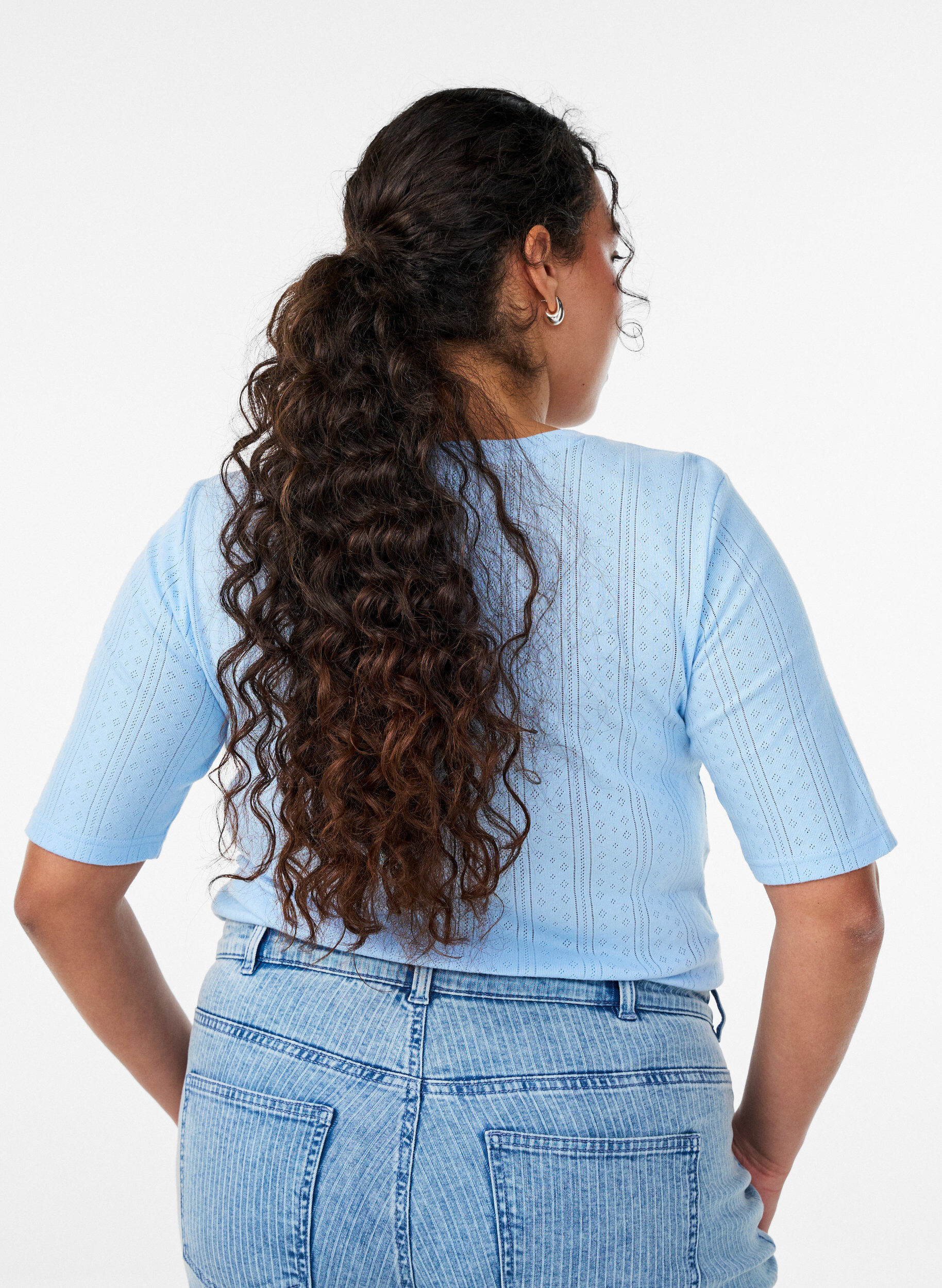 Zizzifashion Cotton T-shirt with eyelet embroidery, Light Blue, Model image number 2