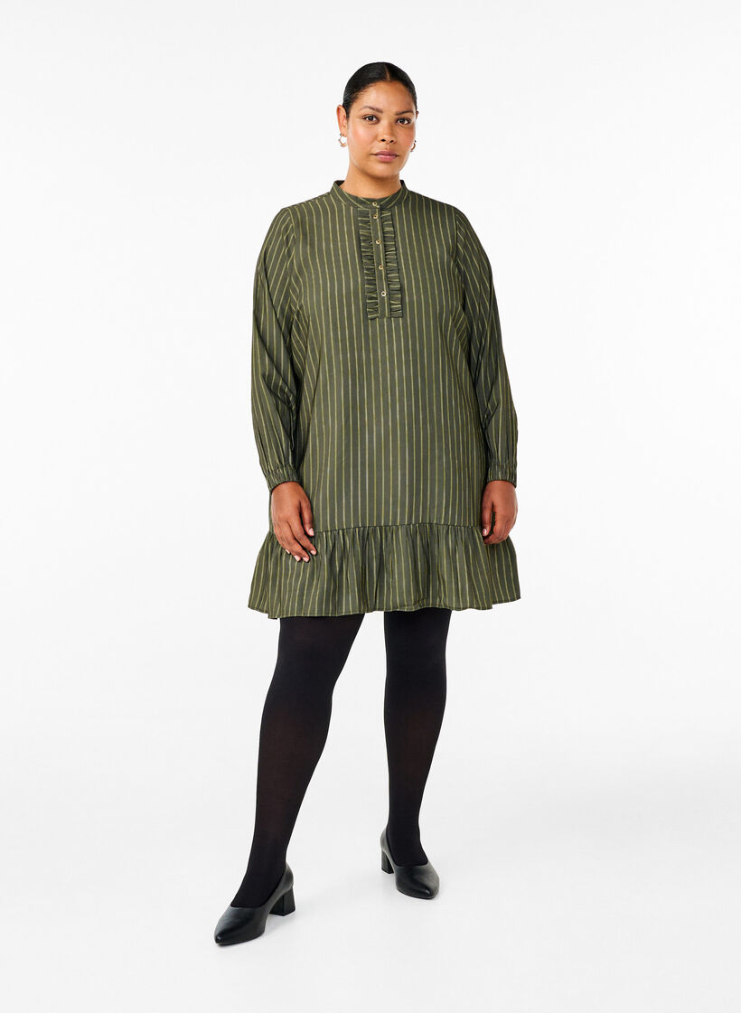 Short striped dress with ruffle detail, Thyme Stripe AOP, Model image number 2