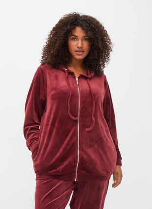 Velour cardigan with zipper and hood, Cabernet, Model image number 0