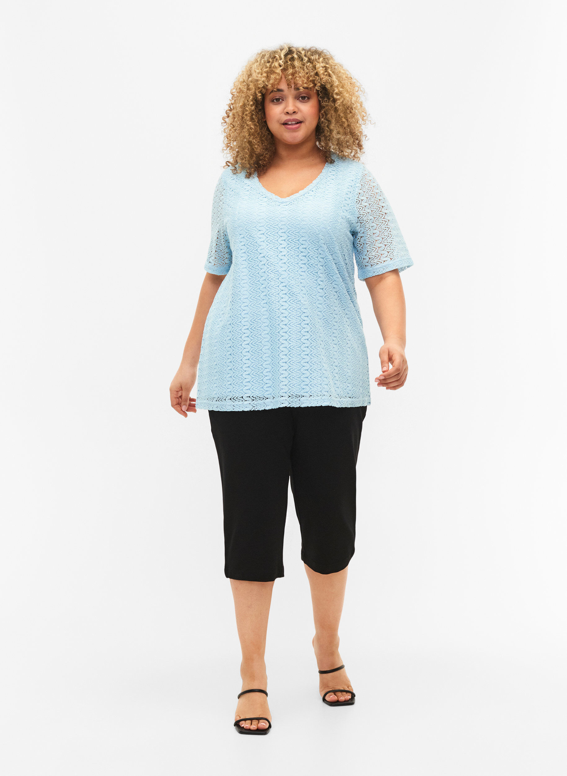 Zizzifashion Short-sleeved lace blouse with v-neck, Angel Falls, Model image number 2