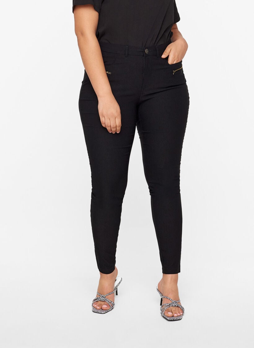 Close-fitting trousers with zipper details, Black, Model image number 4