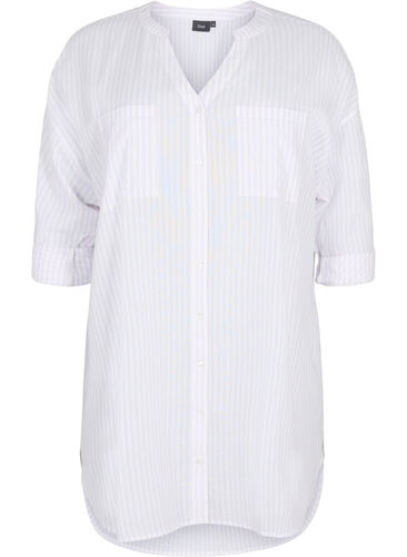 Striped tunic with v neck and buttons, Lavender Stripe, Packshot image number 0