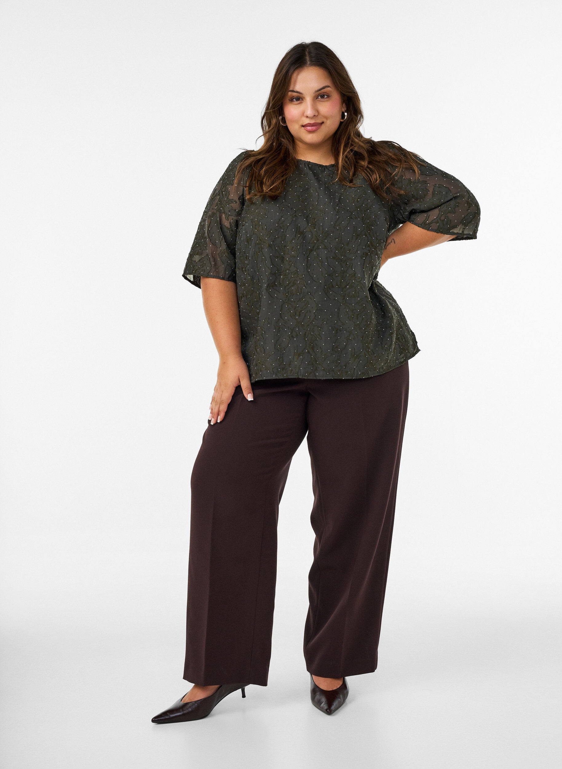 ZizzifashionJacquard blouse with sparkly details and puff sleeves, Green, Model image number 1
