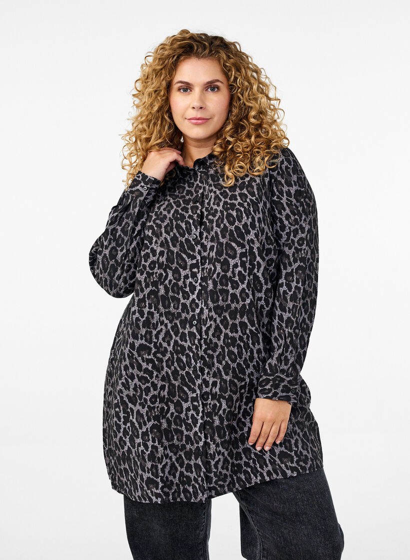 Long leopard print shirt, Dark Grey, Model image number 0