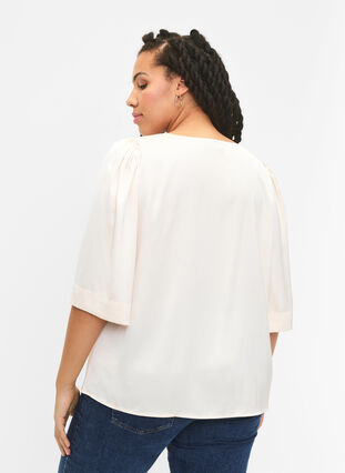 Satin blouse with half-length sleeves, Champagne, Model image number 1