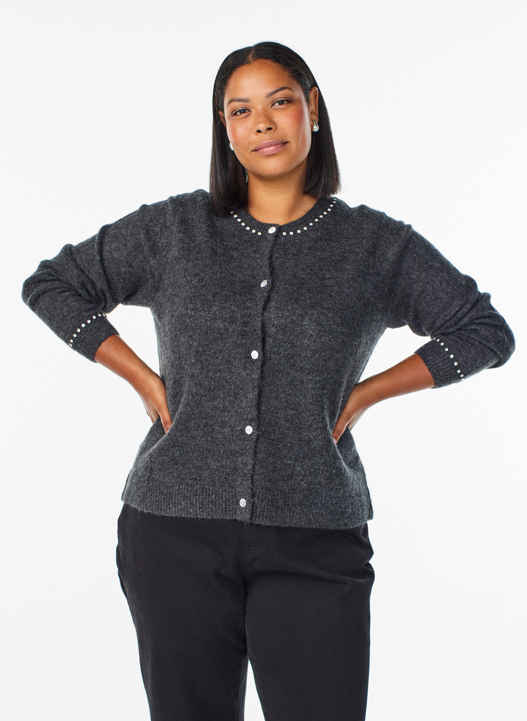 Cardigan with rhinestones and decorative buttons, Dark Grey, Model