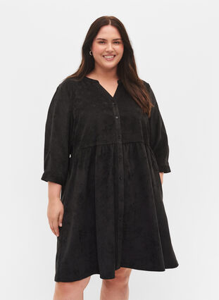 Velvet dress with 3/4-length sleeves and buttons, Black, Model image number 0