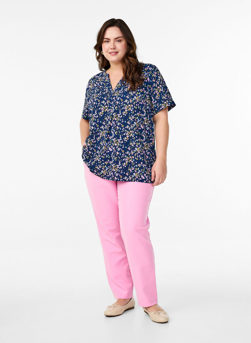 Short-sleeved blouse with v-neckline, Pink, Model image number 1