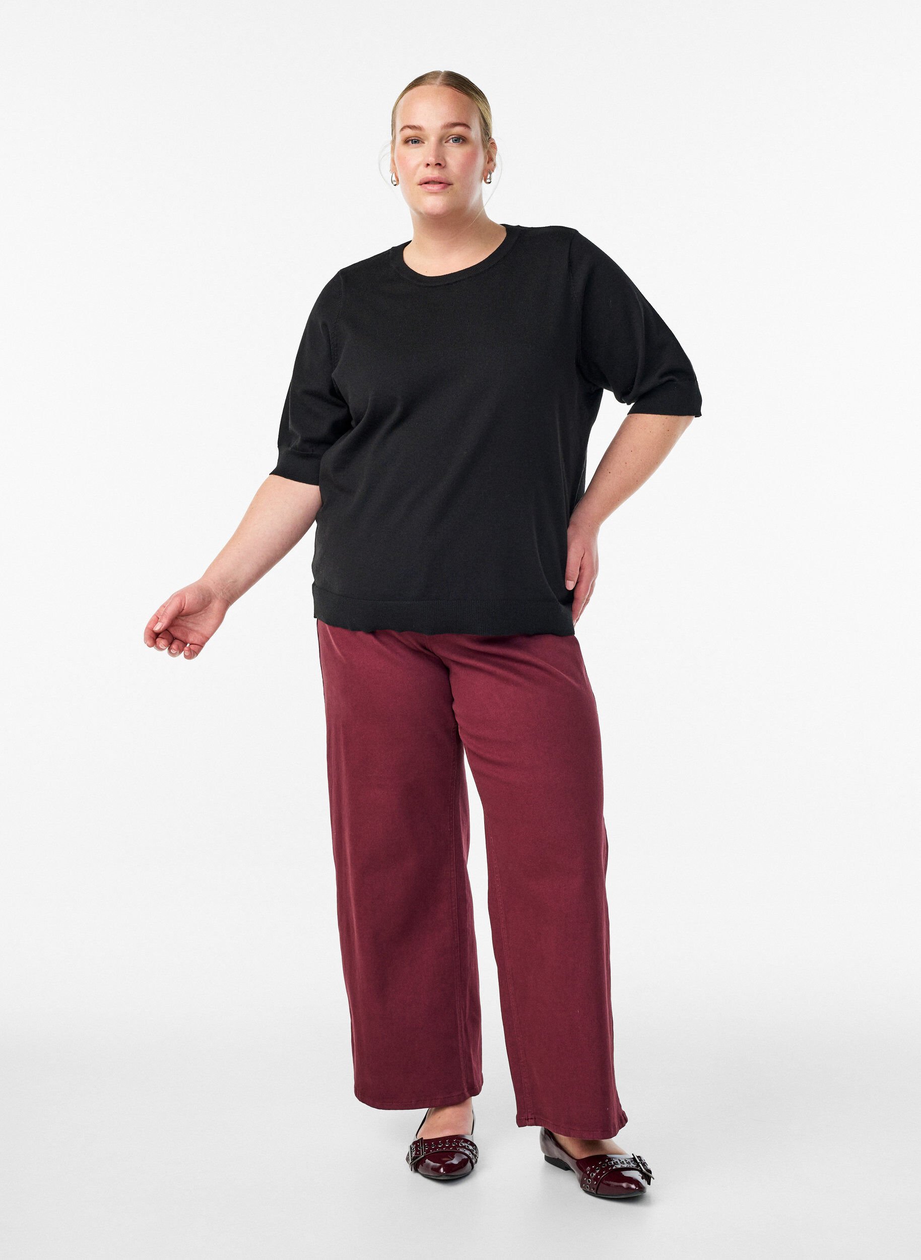 ZizzifashionFine-knit blouse with short sleeves, Black, Model image number 1