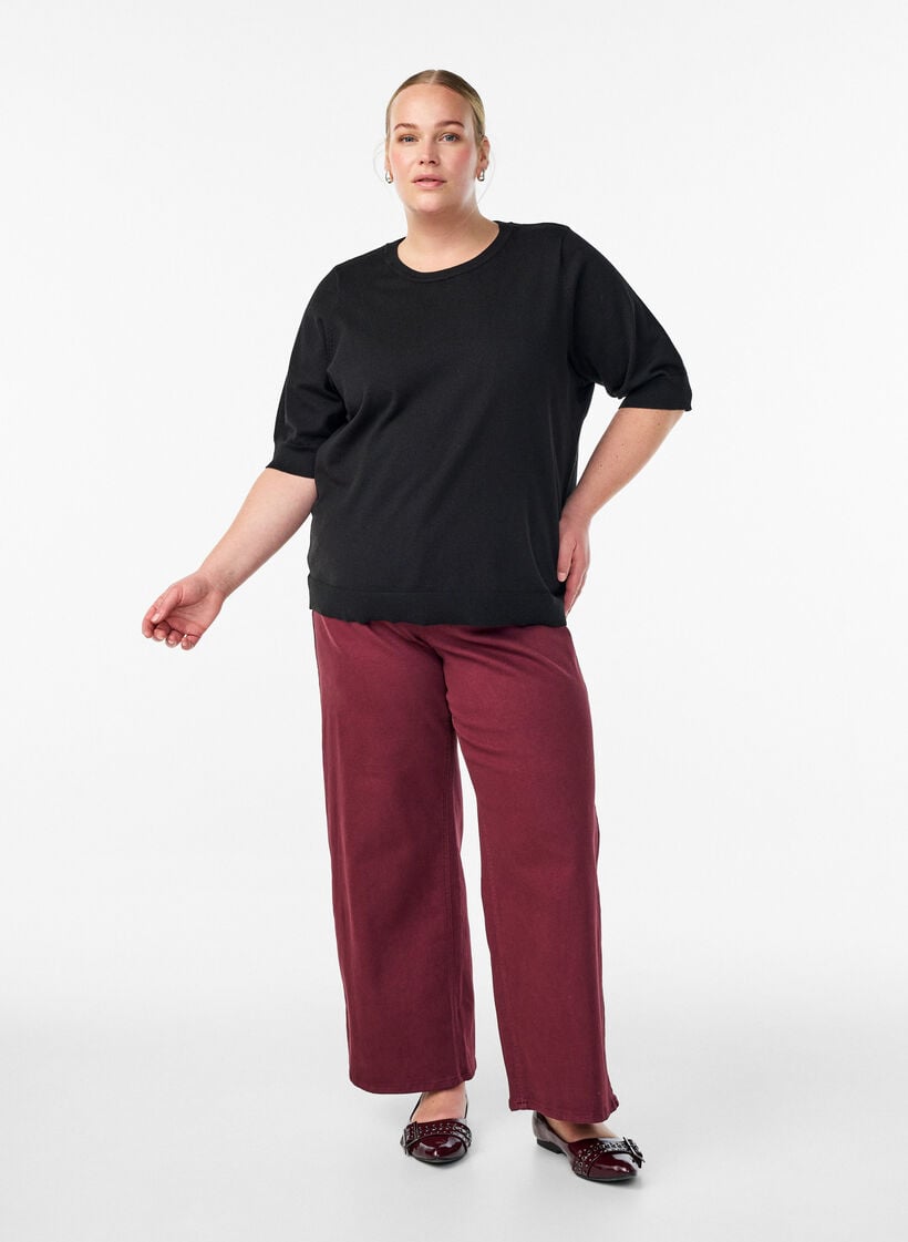 Fine-knit blouse with short sleeves, Black, Model image number 1