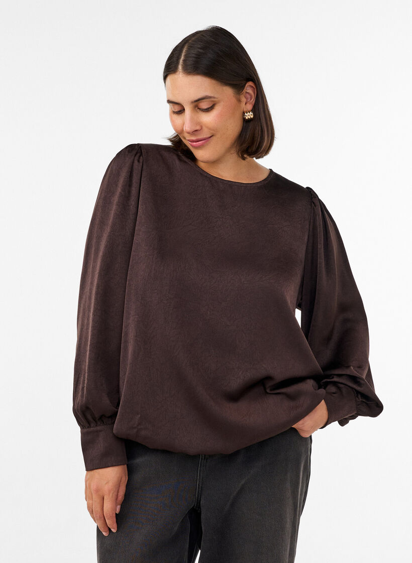 Satin-look blouse with a balloon shape, Brown, Model image number 0