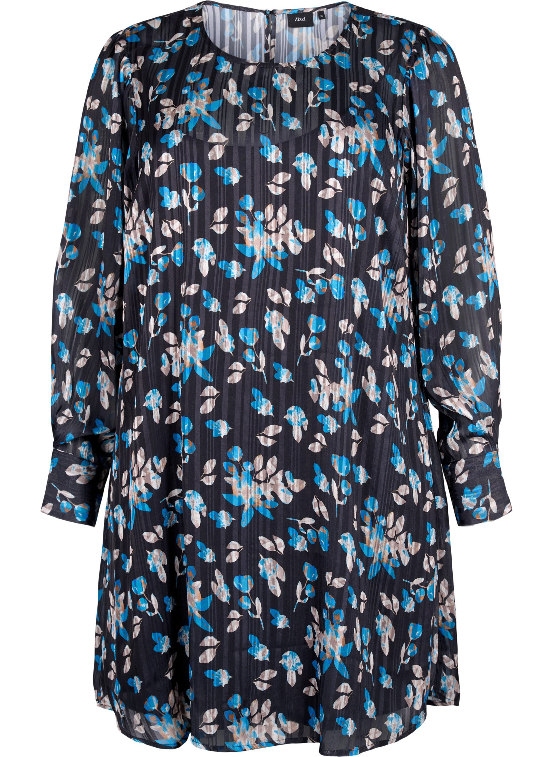 Zizzifashion Short printed dress with a round neck, Black Blue Fl. AOP, Packshot image number 0