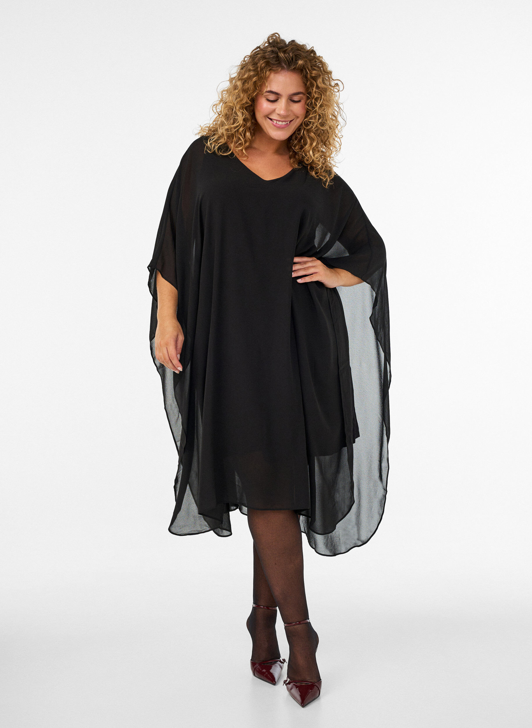 ZizzifashionShort chiffon dress with V-neck, Black, Model image number 0
