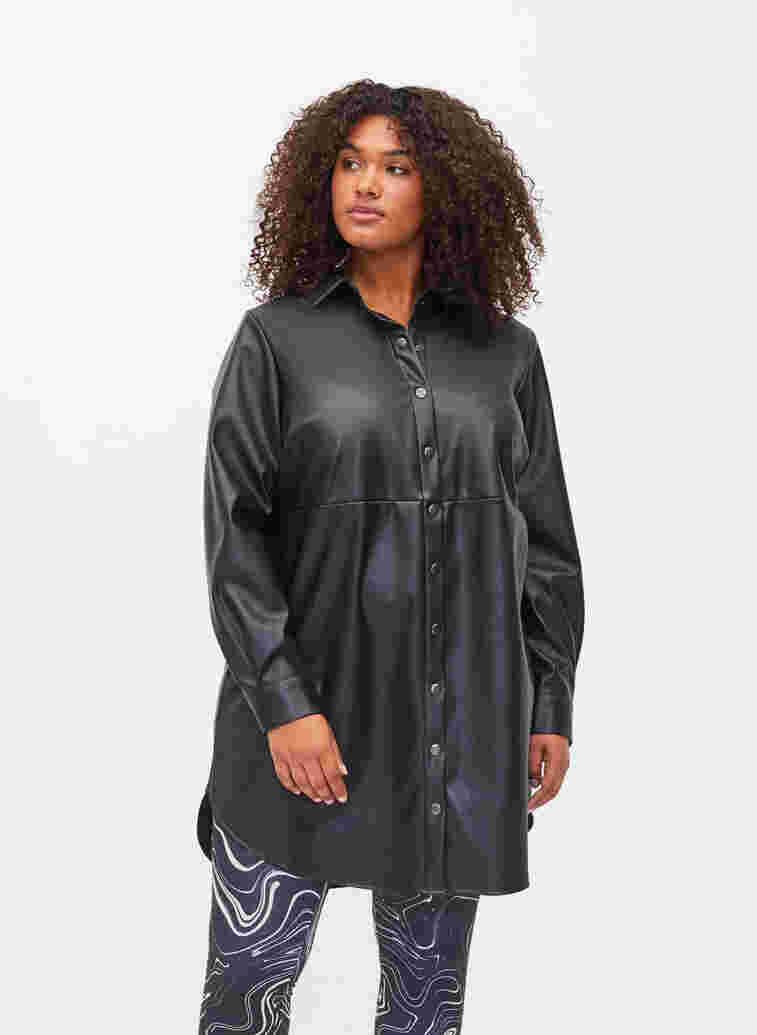 Long shirt in faux leather, Black, Model image number 0