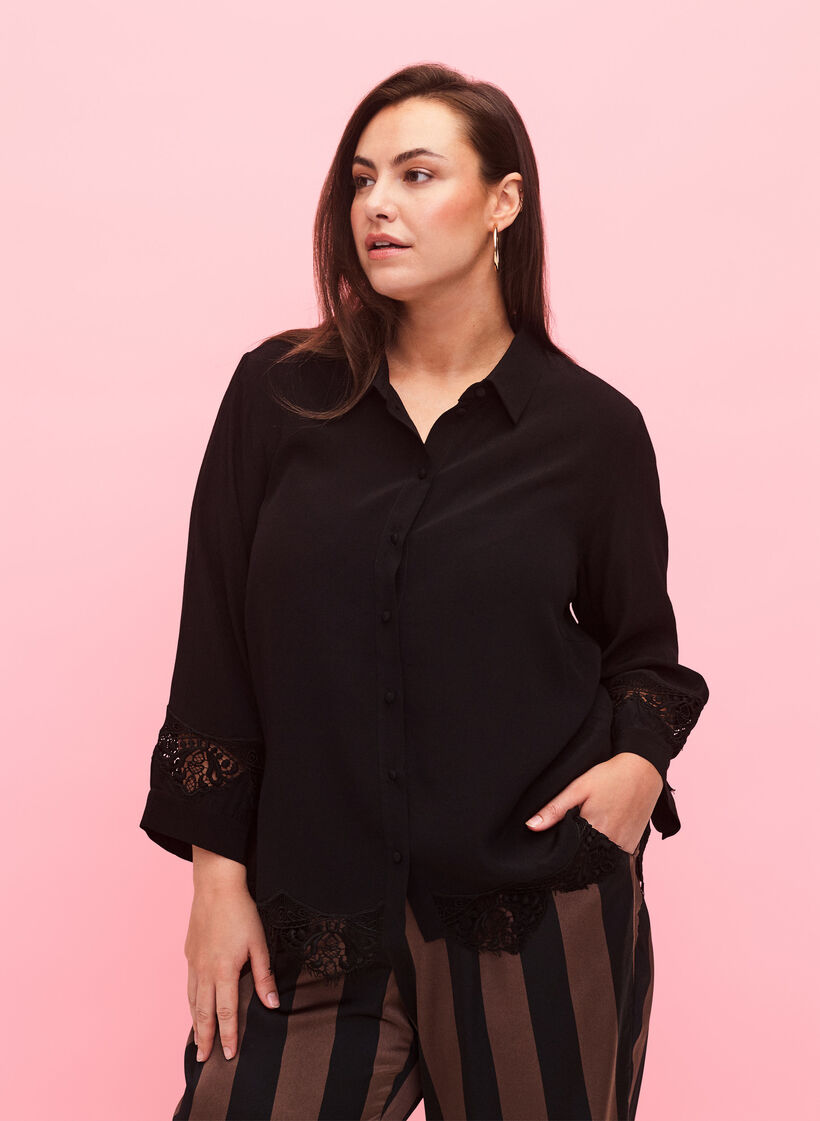Viscose shirt with 3/4 sleeves and embroidery details, Black, Model image number 0