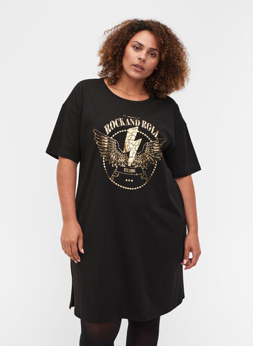 peber heldig Altid T-shirt dress in cotton with print details - Black - Sz. 42-60 -  Zizzifashion