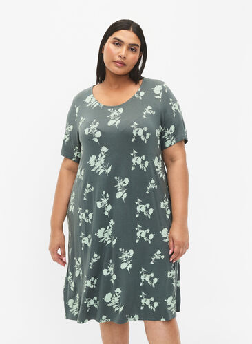 Short-sleeved viscose nightgown with print, Balsam Green AOP, Model image number 0