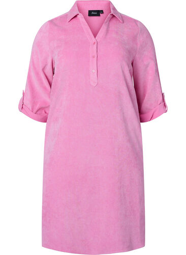 Velvet dress with 3/4-length sleeves and buttons, Begonia Pink, Packshot image number 0