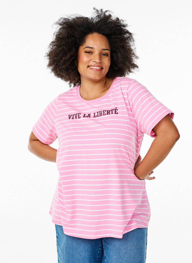 Striped T-shirt with text print, Pink, Model image number 0