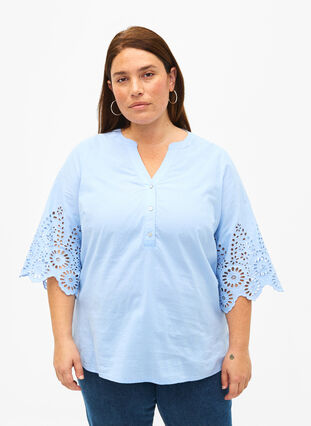 Shirt blouse with broderie anglaise and 3/4 sleeves, Serenity, Model image number 0
