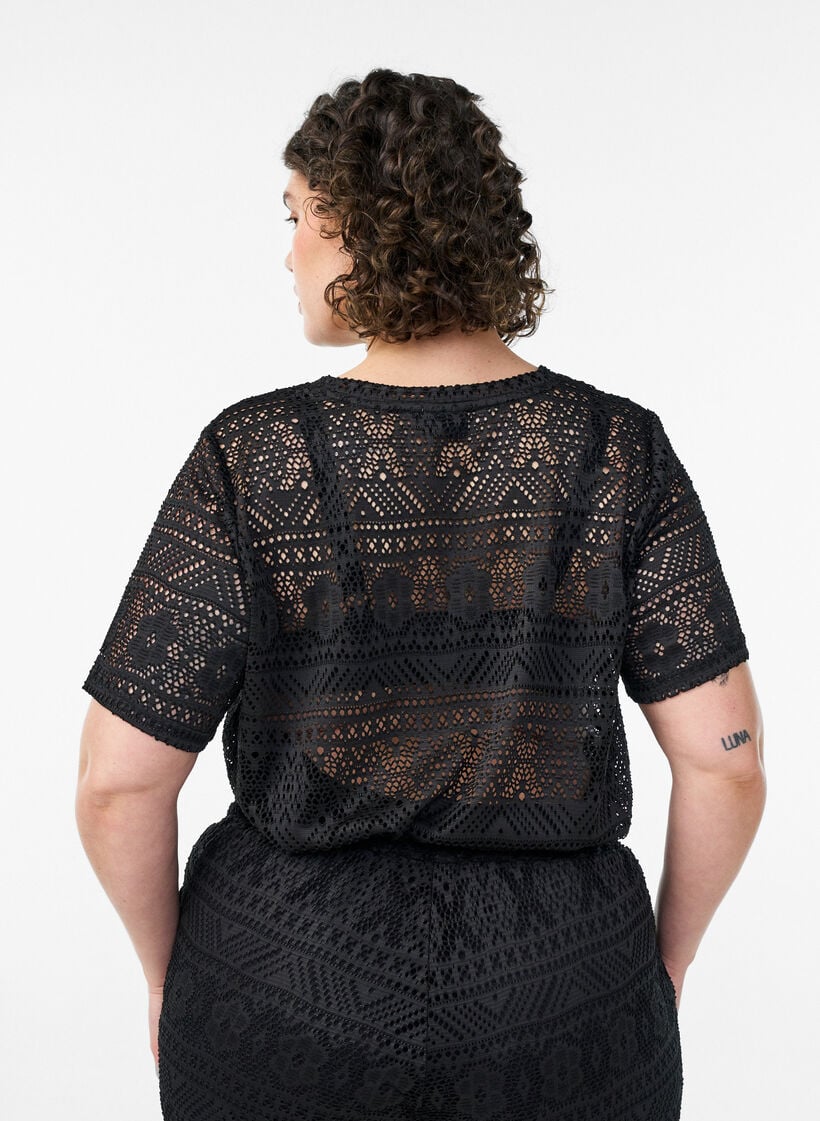 Eyelet embroidered lace T-shirt, Black, Model image number 2
