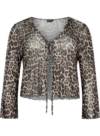 Long-sleeved mesh top with leopard print